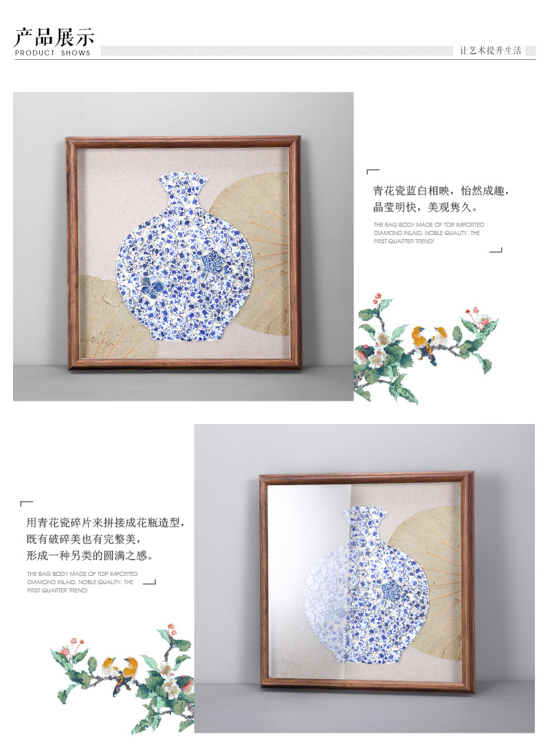 蓝青色手工制作瓷片大肚瓶 实木画框挂画 酒店家居装饰画 spg yh062