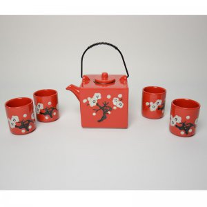 日式和风红釉白梅方形壶陶瓷功夫茶具套装5件套YGF-FXH-001