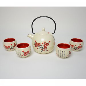 日式和风白釉红梅圆壶5件套陶瓷功夫茶具套装YGF-QXH-001