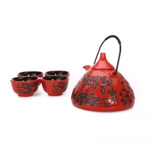 和风中国红 黑梅花 陶瓷桃形壶（5件套）XF-TXH-004