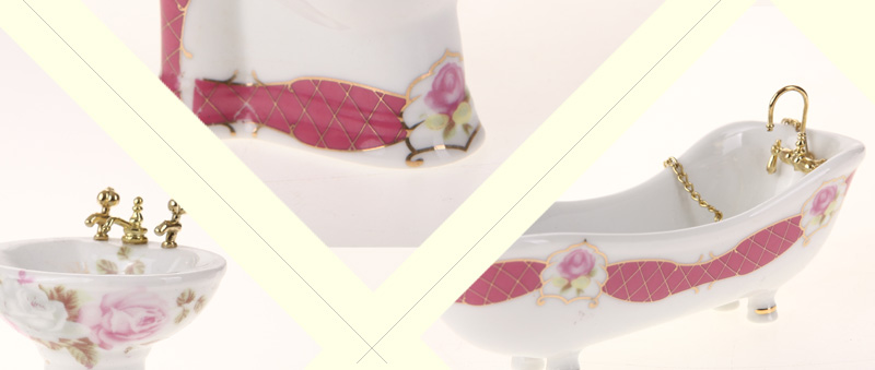 袖之珍 家居小巧精致创意模型 粉色边花纹图案迷你卫浴陶瓷套装造型摆件ab07064