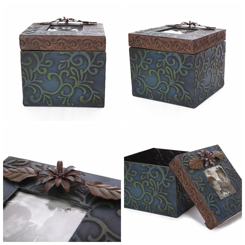欧式风格铁质收纳盒简约正方形收纳盒收纳箱蓝色储物箱储物盒家居实用收纳用品A256092
