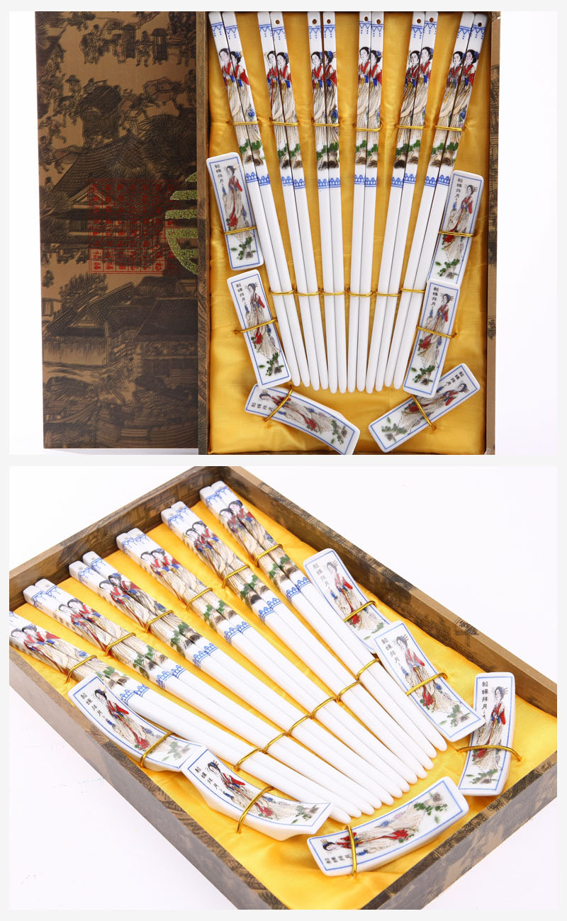 古典陶瓷手绘筷子6对套装 貂蝉拜月图案 天然健康 高档礼品T6-0032