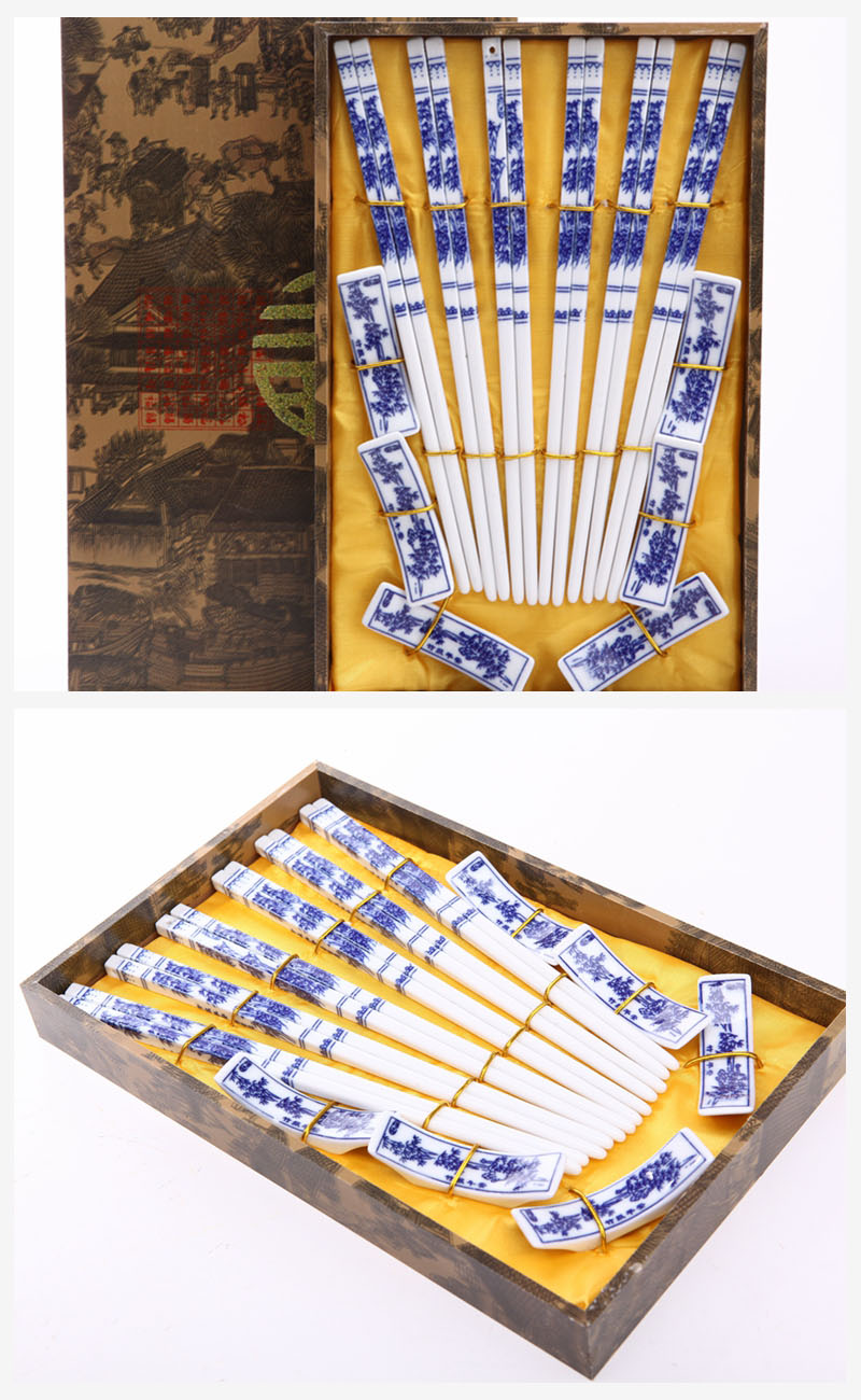 古典陶瓷手绘筷子6对套装 竹报平安图案 天然健康 高档礼品T6-0022