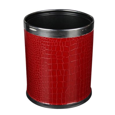 品地现代简约风格黑色红色亮面鳄鱼纹皮质双层铁壳高级垃圾桶