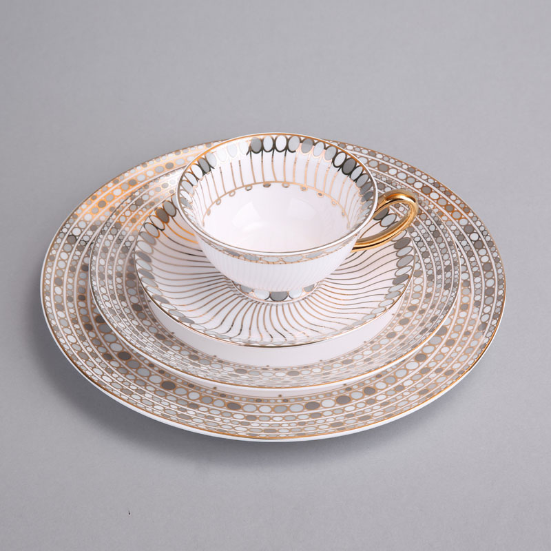 现式简约咖啡杯盘杯碟4件套装 银灰色雪城灰点线圆造型低骨瓷维也纳杯