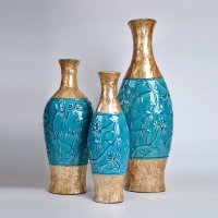 现代陶瓷贴贝壳造型摆件花瓶 黄蓝色创意扁圆高瓶装饰品摆件花瓶插花器GV8723-16.3-1094G