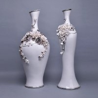 中式时尚雕花陶瓷花瓶摆件 创意艺术雕花白+银大肚/细腰瓶花瓶 创意家居摆设软装饰花瓶63838-24