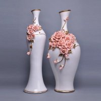 中式时尚雕花陶瓷花瓶摆件 创意雕花红玫瑰白+金大肚/细腰瓶花瓶 创意家居摆设装饰花瓶63840-24