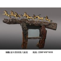 中式现代铜雕原木黑铁梨八骏图摆件客厅书房卧室装饰