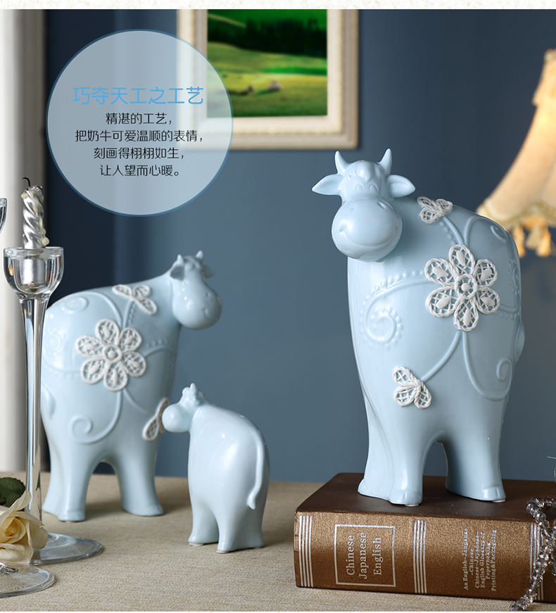 现代简约风格陶瓷蓝色萌牛一家摆件书房儿童房卧室装饰T005（套装）1