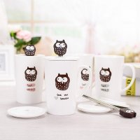 个性创意猫头鹰马克杯陶瓷咖啡杯带盖早餐牛奶杯情侣水杯茶杯子