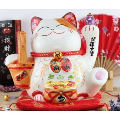 中式陶瓷招财10寸一桶金招财猫造型摆件动物摆件家居装饰摆件风水摆件