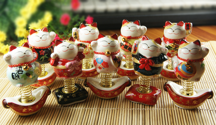 中式陶瓷招财弹簧猫摆件动物摆件车内装饰品家居装饰品1