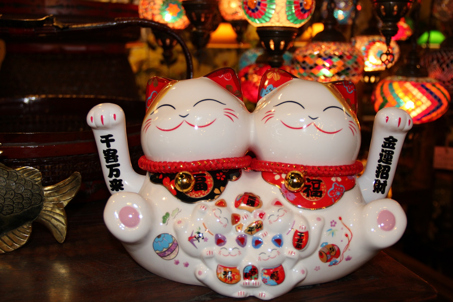 中式陶瓷招财六福开运招手猫造型摆件动物摆件家居装饰摆件风水摆件1
