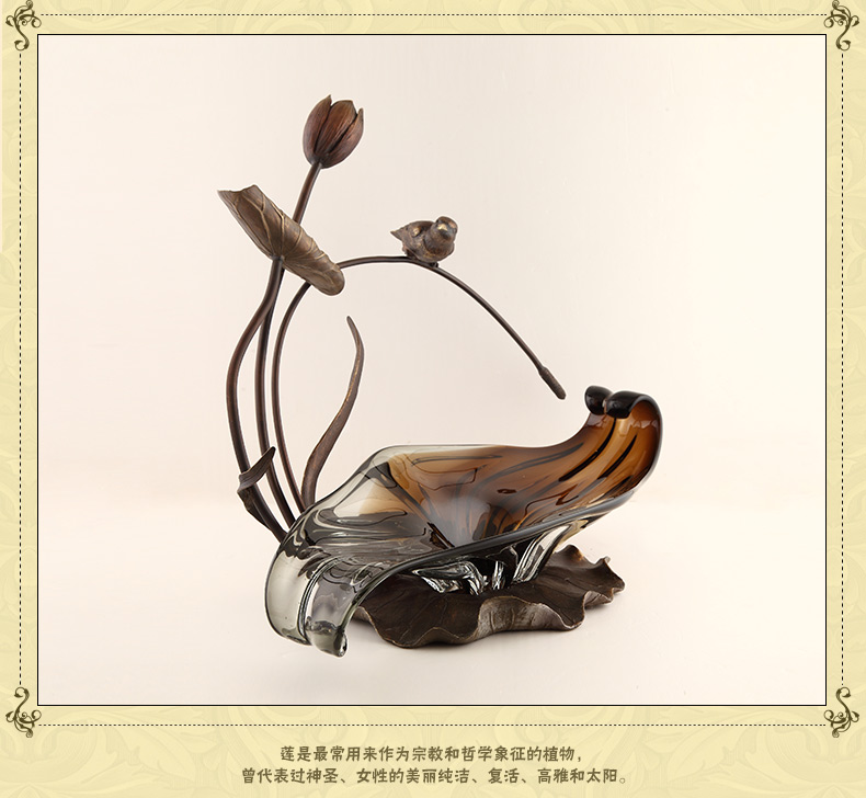 鑫荣 新古典家居装饰 创意优雅荷叶果盘纯铜水晶玻璃果盘工艺品6