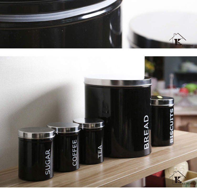 开利欧式时尚黑色不锈钢盖糖果罐咖啡罐茶叶罐面包罐储存罐五件套8