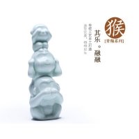 中式传统工艺青釉其乐融融猴摆件动物摆件家居装饰摆件