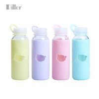 Diller创意可爱玻璃杯 食品级硅胶套玻璃杯 300ml糖果色杯子便携时尚随手玻璃杯厂家直供，颜色随机