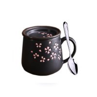 日式樱花陶瓷带盖勺水杯
