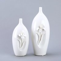 现代时尚创意陶瓷花瓶两件套 白色浮雕细口花瓶家居装饰花器摆件 SS06