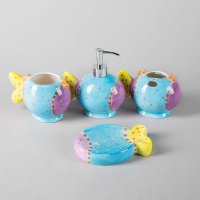 蓝鱼卫浴套装陶瓷四件套 乳液瓶口杯牙刷架肥皂盘新婚礼物
