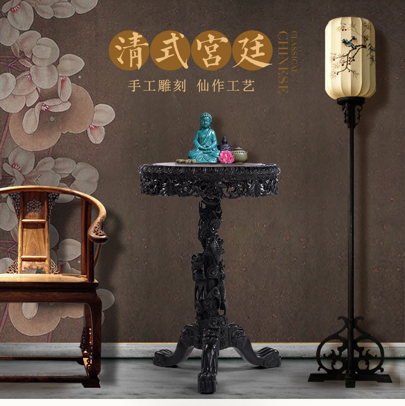 红木玛瑙石独脚圆花几， 晚清（不含税）1