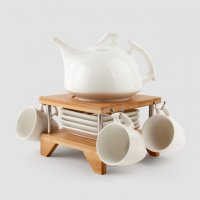 素雅简约 高白瓷 陶瓷茶具 一壶四杯装  配碟子及竹底座