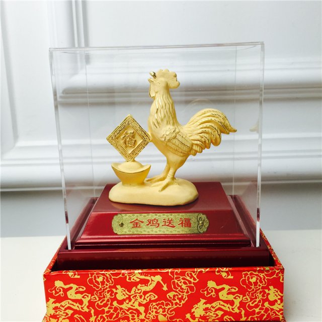 中式风水绒沙金工艺金鸡送福装饰摆件 生日贺寿喜庆婚宴礼物