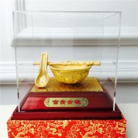 中式风水绒沙金工艺富贵金碗装饰摆件 生日贺寿喜庆婚宴礼物