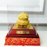 中式风水绒沙金工艺金聚宝盆装饰摆件 生日贺寿喜庆婚宴礼物