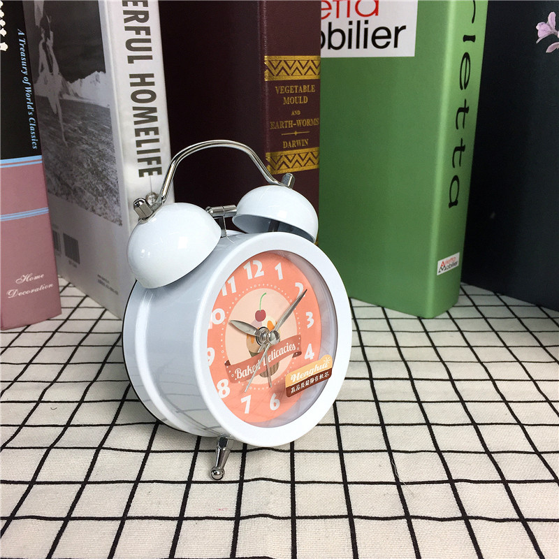 白色简约静音床头打铃钟闹钟 桌面个性创意时钟2