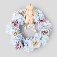田园风格新款蓝色绢布绣花大熊25公分花环