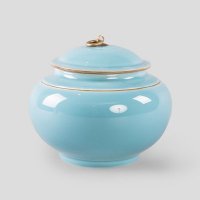 欧式简约蓝色扁圆带盖陶瓷罐装饰罐客厅餐厅摆件