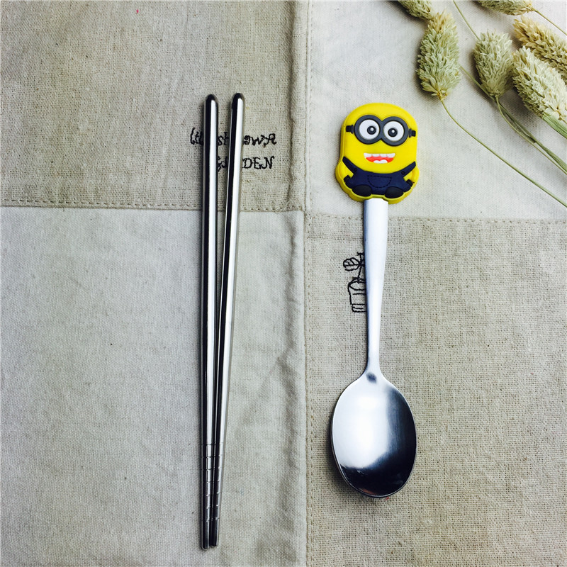 小黄人卡通不锈钢便携餐具筷勺套装筷子勺子实用便携儿童餐具3