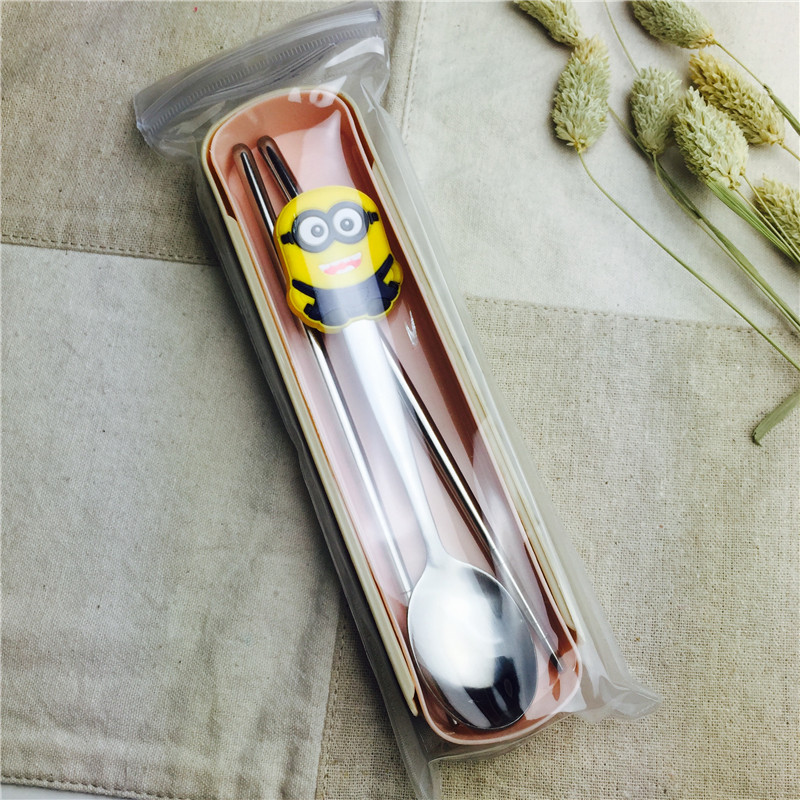 小黄人卡通不锈钢便携餐具筷勺套装筷子勺子实用便携儿童餐具5
