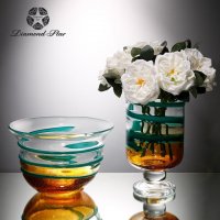 黄青色透明 波浪纹	玻璃花盆花器时尚玻璃花瓶摆件
