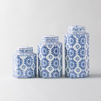 中式艺术青花 六边形瓶对称花纹储物罐套装 陶瓷罐3件套