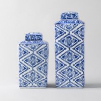 中式艺术青花 正方形瓶创意花纹储物罐套装 陶瓷罐2件套