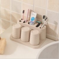 三口之家麦秆洗漱套装 置地式牙刷座 牙膏收纳架