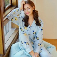 春秋季韩版新款针织棉菠萝翻领女士睡衣套装