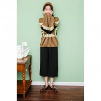 秋冬新款文艺简约针织休闲阔腿裤女高腰宽松百搭学院九分裤森-黑色