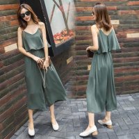 雪纺吊带裤裙假两件连体裤女夏韩版高腰阔腿裤宽松九分裤