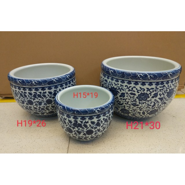青花瓷莲子缸三件套，1300度高温烧制，手工拉坯，坚固耐用。插花养鱼都可以！美美哒！