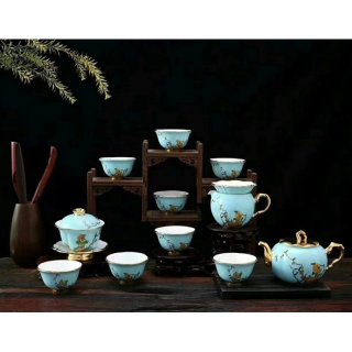 夫人瓷-西湖蓝15头茶具