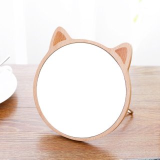 包包宝 原创设计可爱猫咪木头台式化妆镜 可调节角度高清木质台镜