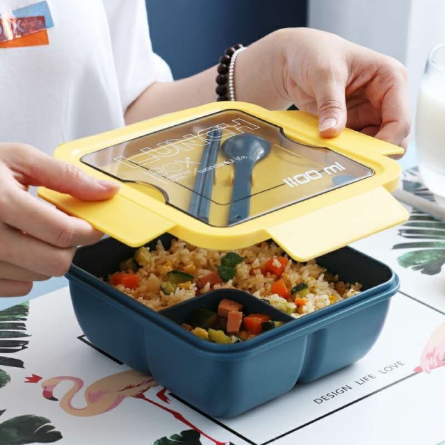 新款莫兰迪方形分格便当盒小麦秸秆学生食堂午餐盒韩式防漏饭盒
