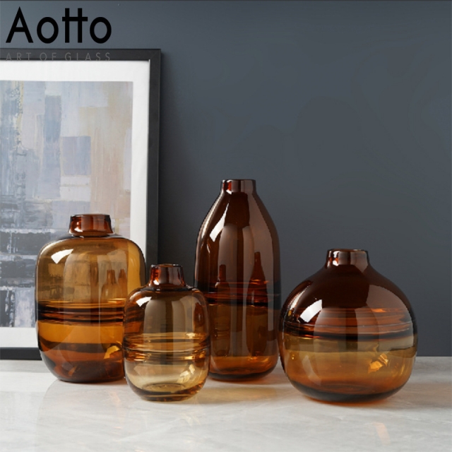 琥铂色透明玻璃花瓶居家桌面水培花瓶装饰几何形插花装饰摆件定制