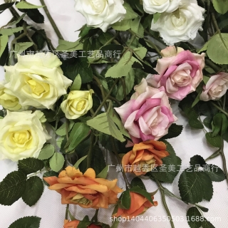 仿真蔷薇5头法国卷边玫婚庆装饰花假花田园仿真花 路引摄影道具