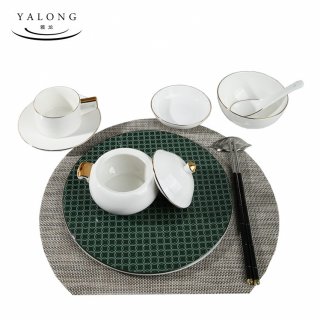 雅龙 工厂直营 酒店陶瓷餐具 绿色系竹节平盘8件套 金边碗碟
